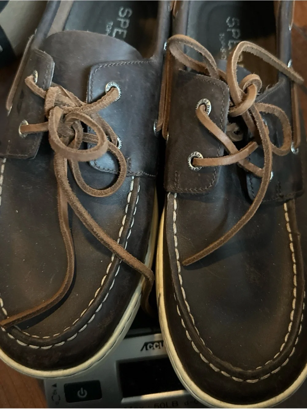 Sperry Dark Brown Leather Moc Toe Boat Shoes with Tan Laces size 11